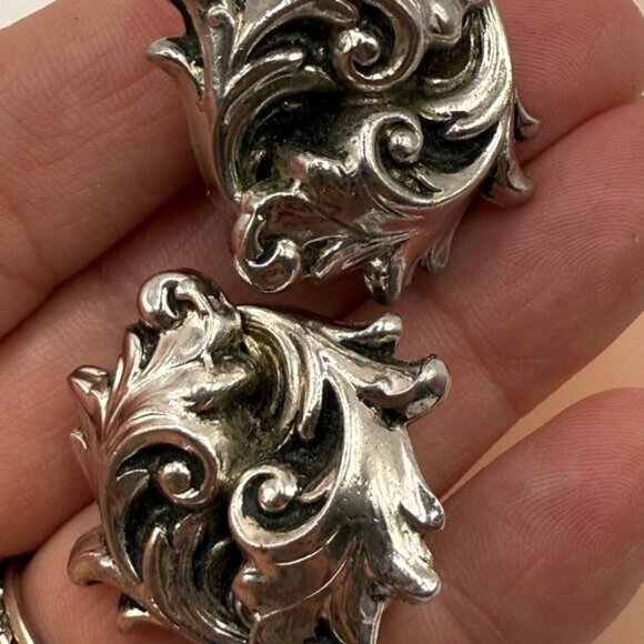 Vintage Silver-Tone Ornate Swirl Clip-On Earrings - Picture 7 of 13